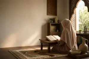 does queefing break wudu: A modest Muslim woman reading a fiqh book in a pesantren study room while learning about wudu rulings.