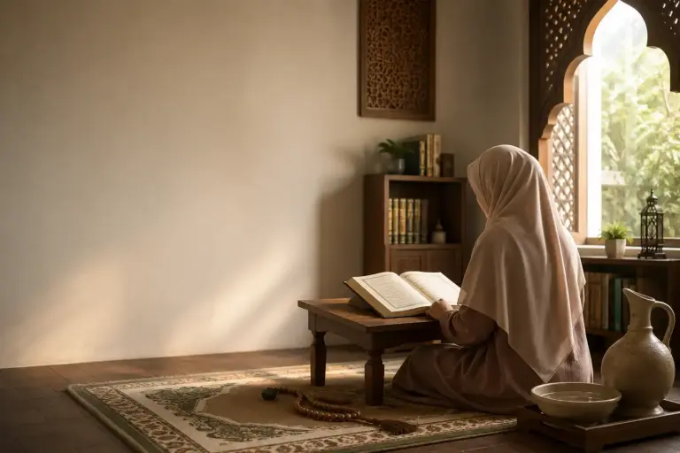 does queefing break wudu: A modest Muslim woman reading a fiqh book in a pesantren study room while learning about wudu rulings.