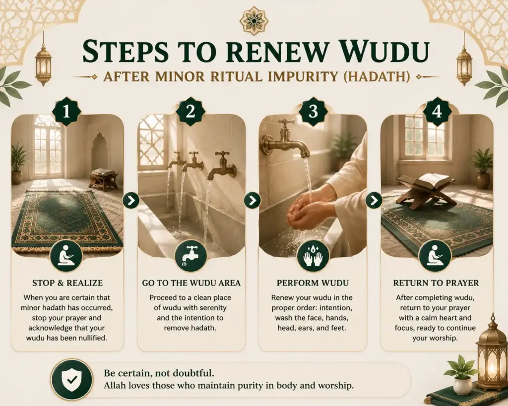 Infographic showing the steps to renew wudu after minor hadath before returning to prayer.