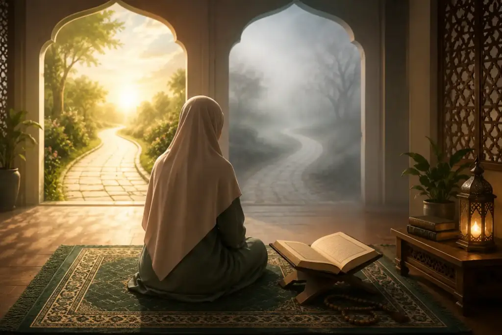 Muslimah berhijab duduk di atas sajadah dengan jalur cahaya dan jalur berkabut sebagai simbol yakin dan ragu dalam wudhu.