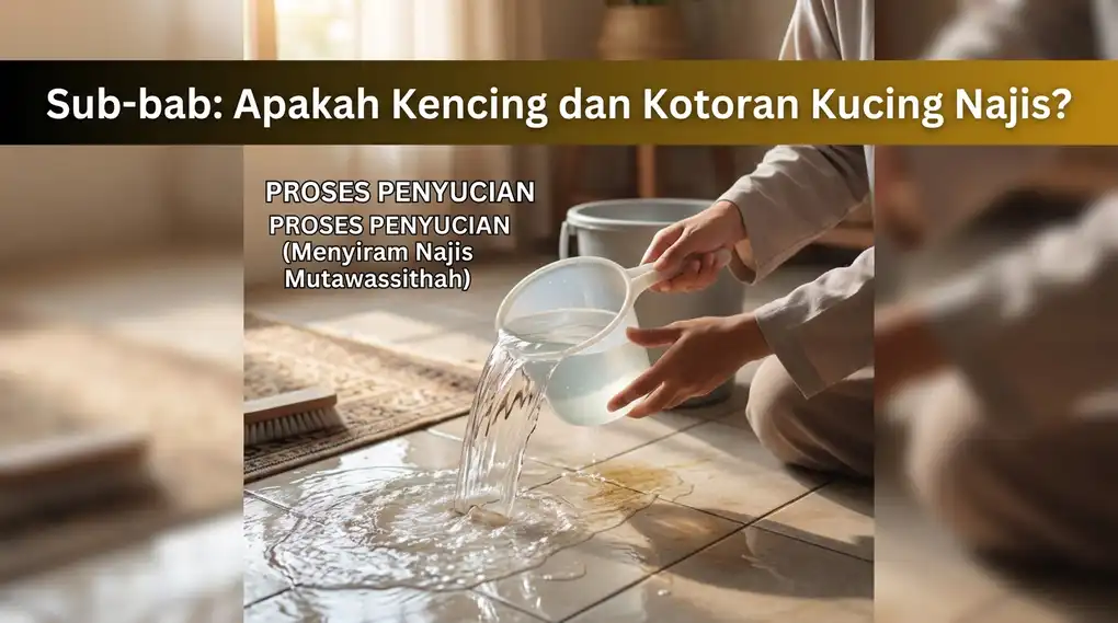Seseorang menuangkan air untuk menyucikan lantai ubin dari tumpahan kotoran atau kencing kucing.