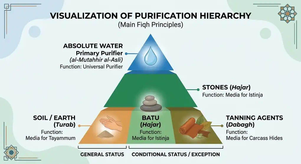 Purification Tools Other Than Water: Soil, Stones, Tanning 3 A pyramid infographic of the purification hierarchy in Islamic jurisprudence, placing Absolute Water at the apex as the primary purifier, and soil, stones, and tanning materials at the lower levels as media with limited functions.