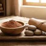 Featured image photograph shows earth, stones, and tanned leather on a wooden tray in an Islamic setting, as purifying agents without water.