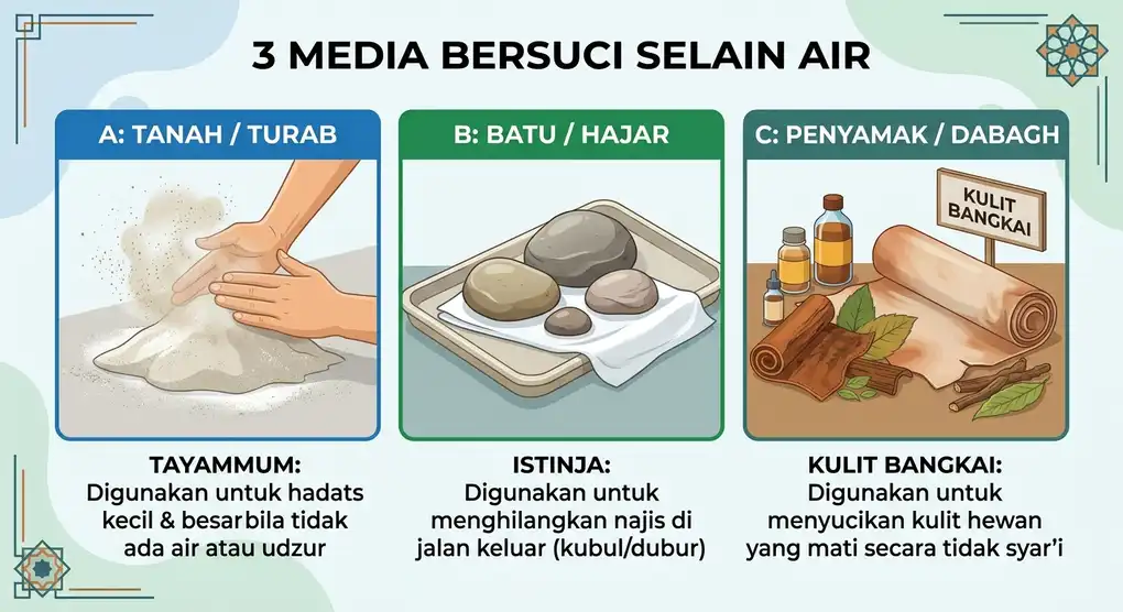 Infografis grid 3 panel yang menjelaskan secara visual ruang lingkup penggunaan tanah untuk tayammum, batu untuk istinja, dan bahan penyamak untuk kulit bangkai dalam fikih Islam.