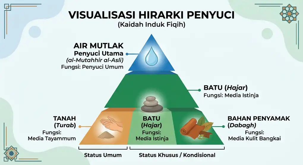 Infografis piramida hirarki penyuci dalam fikih Islam, dengan Air Mutlak di puncak sebagai penyuci utama, dan tanah, batu, serta penyamak di tingkat bawah sebagai media dengan fungsi terbatas.