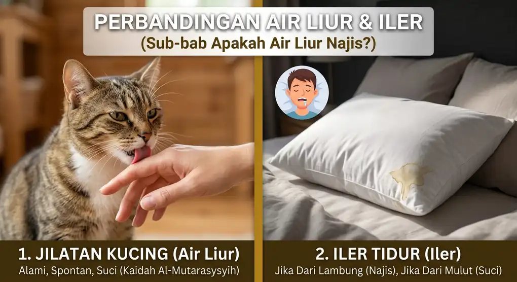 Gambar komparatif jilatan kucing vs noda bantal iler manusia saat tidur.
