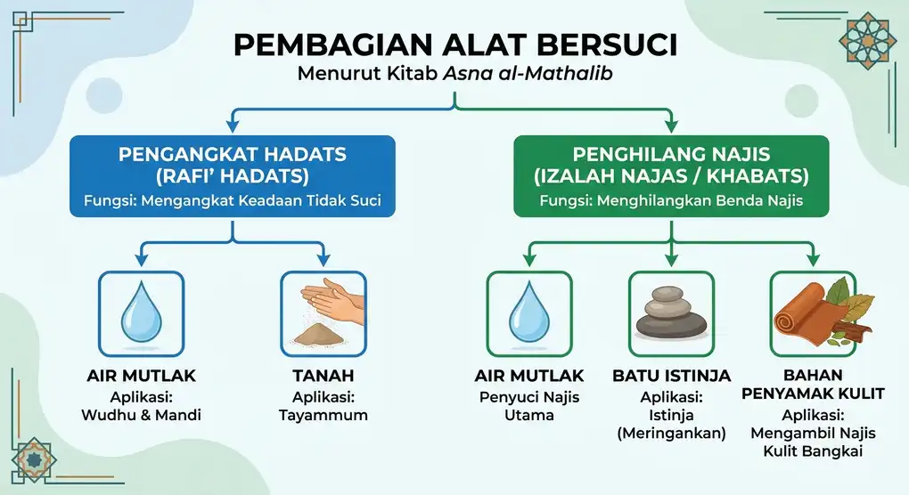Infografis peta konsep pembagian alat bersuci dalam fikih Islam, Pengangkat Hadats vs. Penghilang Najis, menurut kitab Asna al-Mathalib.