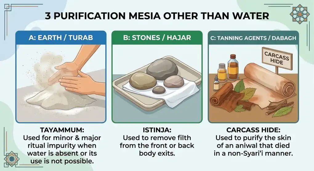 Purification Tools Other Than Water: Soil, Stones, Tanning 4 A 3-panel grid infographic visually explaining the scope of using soil for tayammum, stones for istinja, and tanning materials for carcass hides in Islamic jurisprudence.